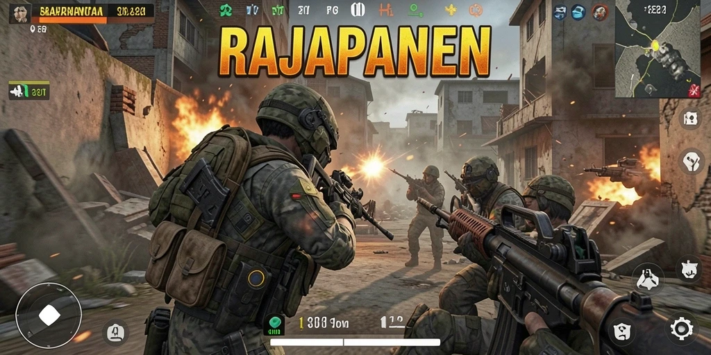 Screenshot gameplay RAJAPANEN yang menampilkan aksi tembak-menembak yang mendebarkan.