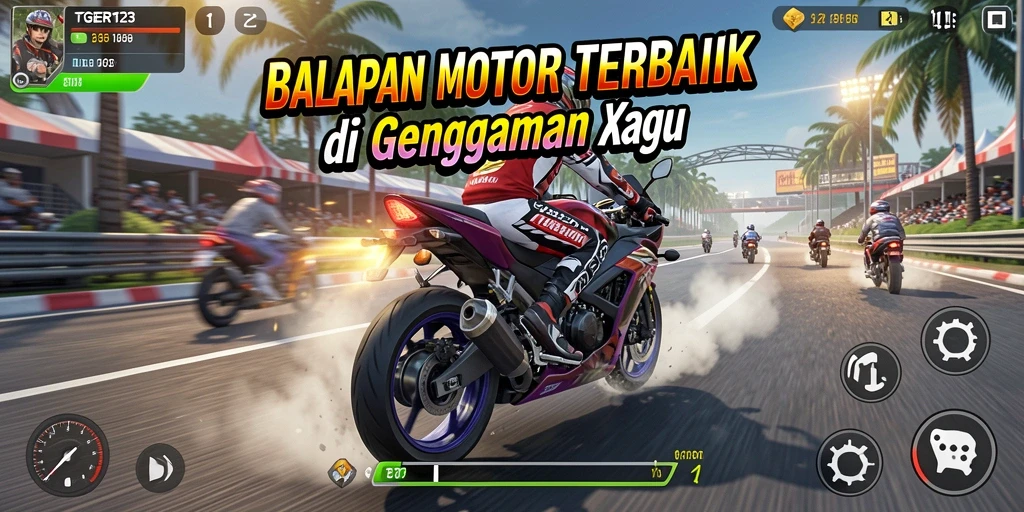 Tangkapan layar dari gameplay seru TGER123 dalam balapan motor.
